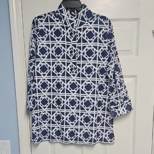 Jude Connally Bamboo Rattan Print 3/4 Sleeve Cotton Top: Navy/White: Size- M